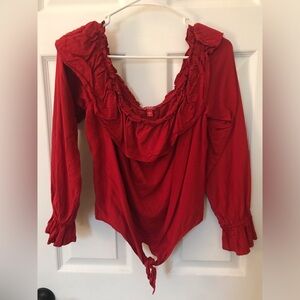 Guess Off Shoulder Red Long-Sleeve Ruffle Tie-Hem Top X-Large